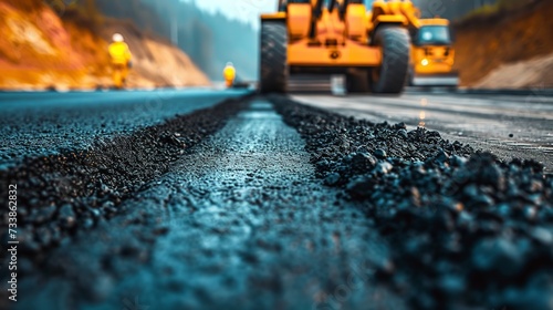 Using road construction resources, a worker is installing new asphalt road surface with space, Generative AI. photo