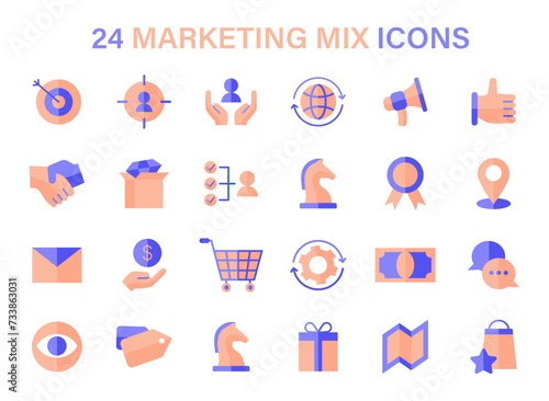 Marketing Mix icon set. Symbols represent strategic components like targeting, global reach, and customer service. Essentials for market planning. Flat vector icons.