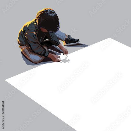 Little boy sitting on the floor Passionately putting together a puzzle. Hand drawn illustration. Template with empty space. Child playing, sketch. Educational game, background. Figure of a schoolboy
