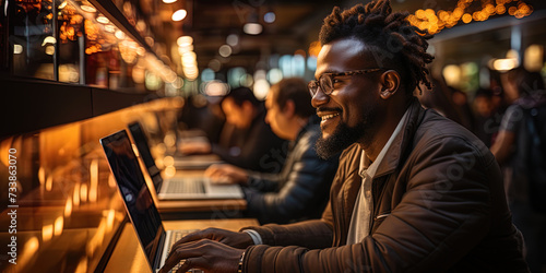 An employee, deepened into computer work, with a bright light of the monitor reflects on his face,