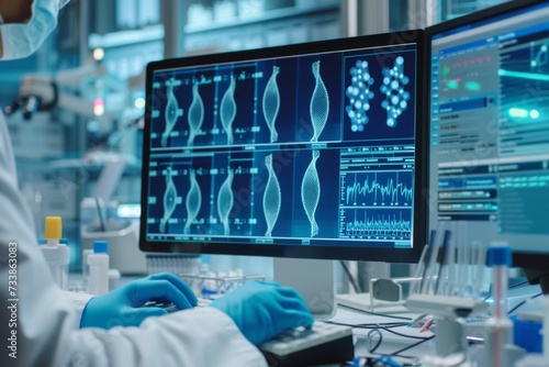Advanced Laboratory: Medical Scientist Typing on Keyboard Works on Computer Developing Vaccine, Drugs and Antibiotics. Screen Shows High-Tech Concept for DNA research. Focus on Screen and Hands  photo