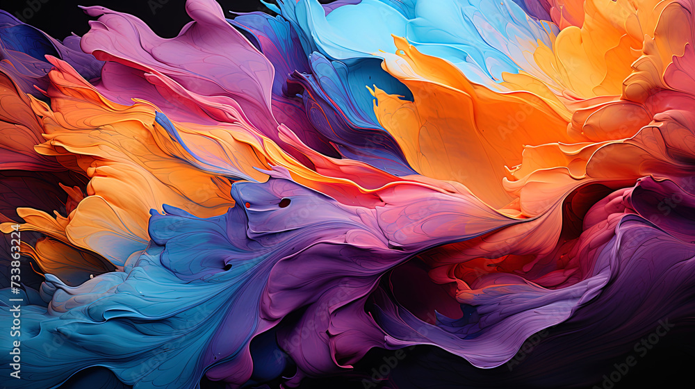 An intriguing photo of an abstract work where streams of paint form vortices and curls in a bright An intriguing photo of an abstract work where streams of paint form vortices and curls in a bright