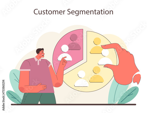 Customer Segmentation concept. A vibrant portrayal of market segmentation, highlighting the process of categorizing consumers for targeted strategies. A marketer segments for precision in outreach