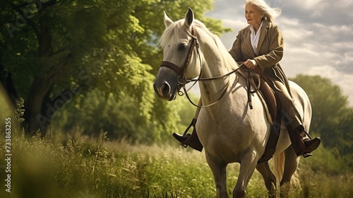 Active Horseback Ride: Mature Woman Riding Through Park