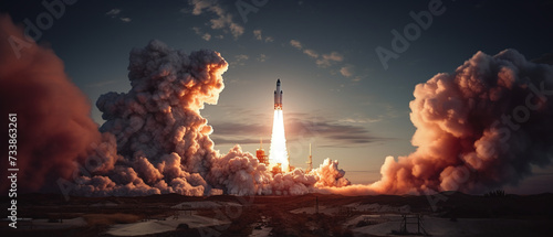 Rakete beim Start fliegt ins Weltall photo