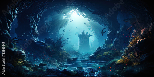 Azure depths: underwater world, shrouded in blue, like a magical ocean lands