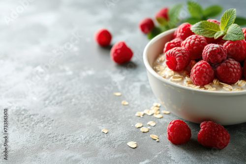 Bowl of Oatmeal With Raspberries and Mint Leaves