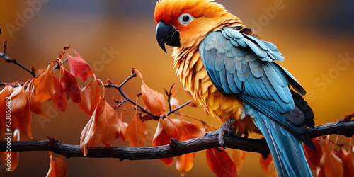 A beautiful parrot on a branch in a forest with golden leaves, on autumn day, brings notes of warm