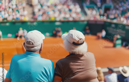 Pensioners discover sources of inspiration watching tennis game. Senior man and woman hearts pounding with excitement with each pivotal moment photo