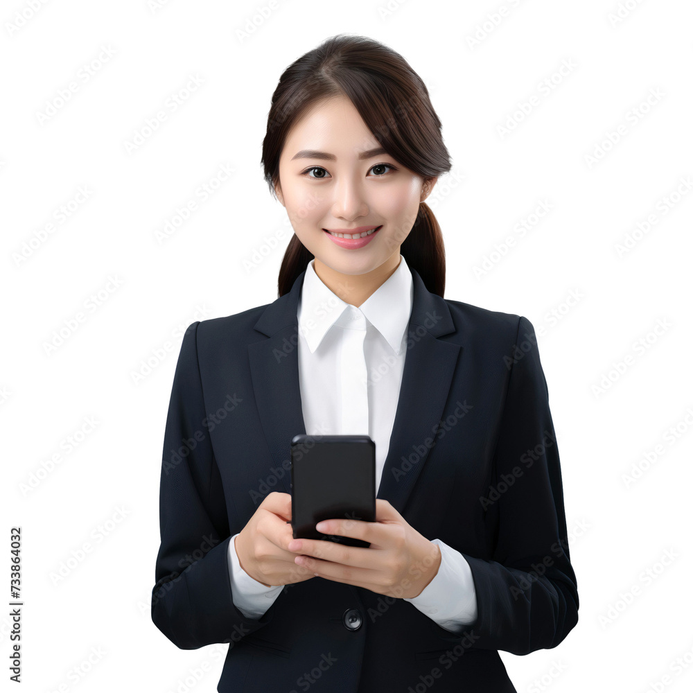 Portrait of a businesswoman using a phone, front view, isolated on transparent background Portrait of a businesswoman using a phone, front view, isolated on transparent background