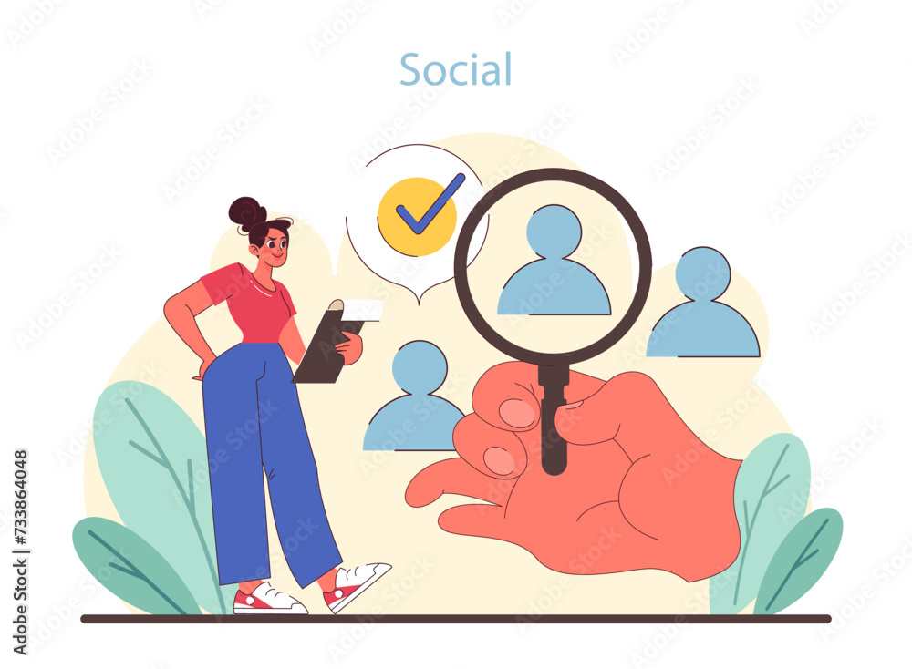 Social factor in PEST analysis. Marketer scrutinizing societal trends with demographic profiling. Social influence on business strategy. Flat vector illustration.
