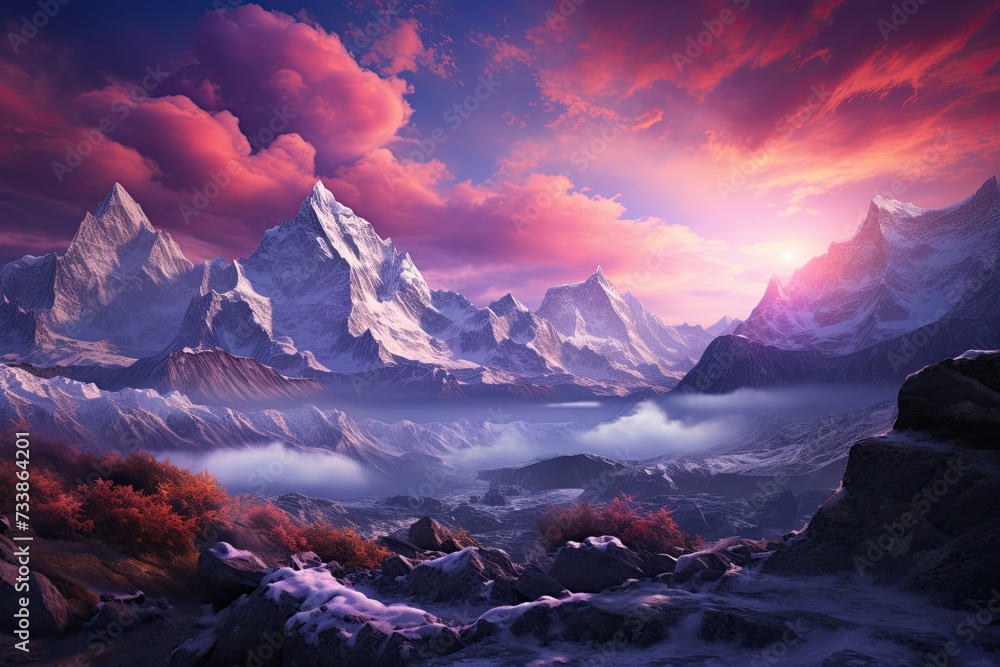 Himalayas. Mountain range in fairy tale colors. Generative AI Art. Beautiful view.
