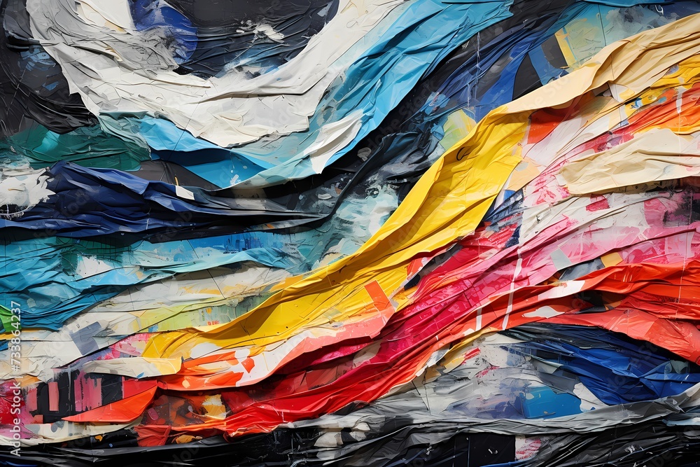 Layers of crumpled newspaper infused with vibrant ink, creating a textured abstract landscape that invites contemplation.