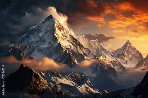Himalayas. Mountain range at sunrise or sunset. Generative AI Art. Beautiful view. © Sci-Fi Agent