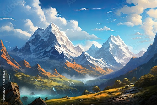 Himalayas. Landscape with a mountain river on a sunny day. Generative AI Art. Beautiful view