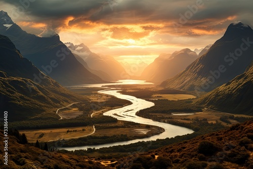 New Zealand landscape with winding river in the valley. Generative AI Art. Beautiful view.