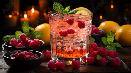 A colorful cocktail in glassware, with red berries and lemon, reminds of the summer carnival in ev photo