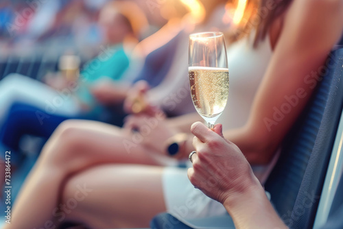 Relaxed people with glasses of sparkling wine enjoy sport match sitting in comfortable VIP zone. Cheerful fans savor exciting atmosphere photo
