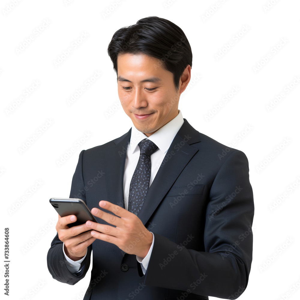Professional Japanese businessman using a phone, isolated on transparent background Professional Japanese businessman using a phone, isolated on transparent background