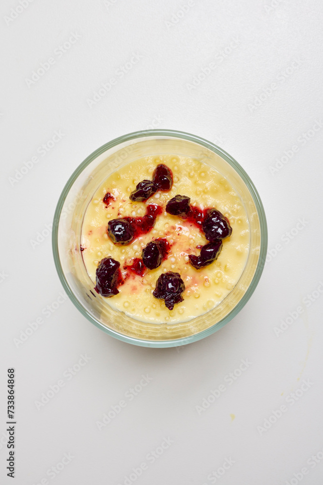 a glass bowl with dessert, tapioca pudding with vanilla and blueberry jam. a glass bowl with dessert, tapioca pudding with vanilla and blueberry jam.