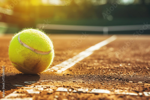 Classic tennis ball lies on clay court surface with markings closeup. Dirty yellow ball after intensive tennis match on summer weekend