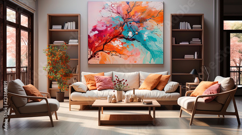 A creative living room with a cozy sofa and a bright, abstract picture inspired by geometry and fl