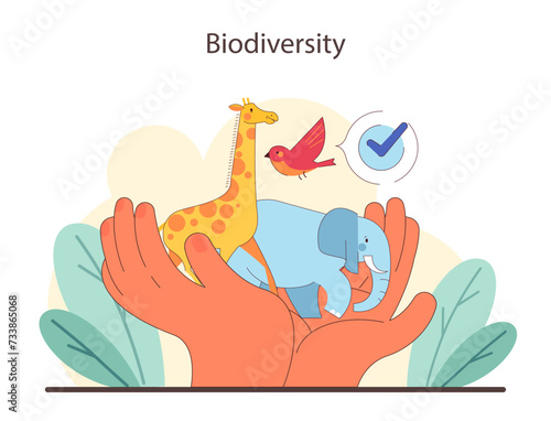 Earth's biological variety. Hands Cherishing diverse animal species. Balanced ecosystem, nature conservation and vitality. Flat vector illustration