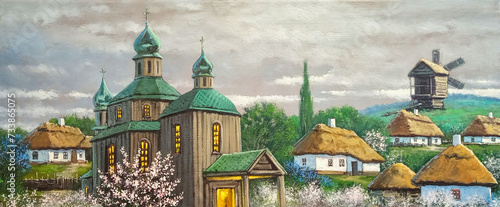 Easter card, Easter, holiday panorama, old church in the old village, spring landscape. Oil paintings rural landscape, artwork, fine art