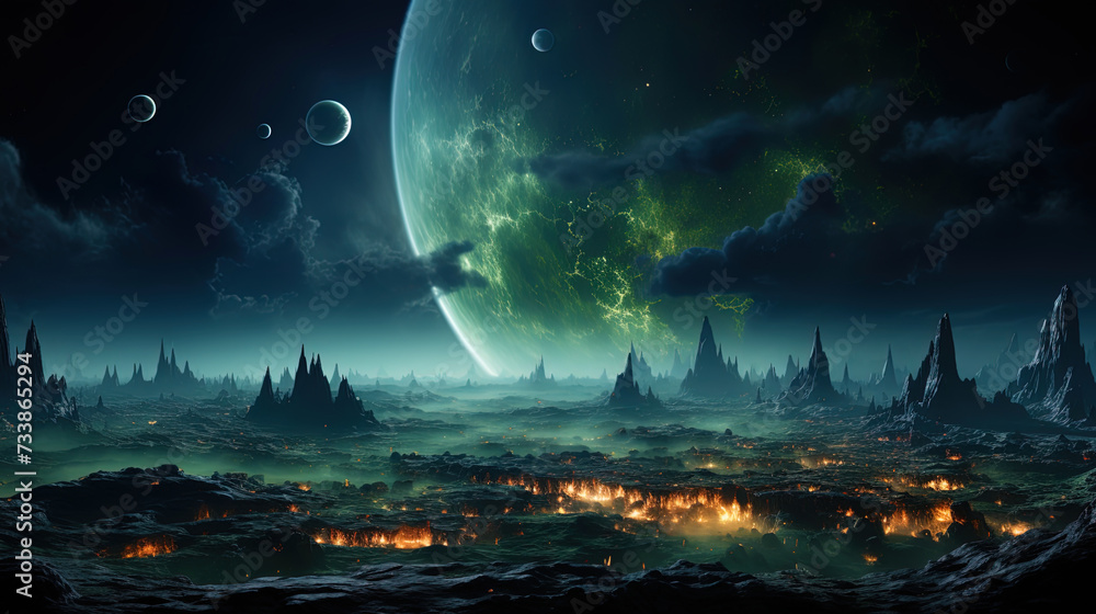 A huge planet, on the surface of which luminous plants grow, creating enchanting light in the d
