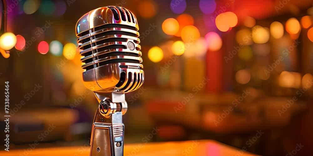 Retro microphone against blur colorful light restaurant background 4K Video