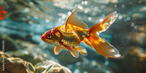 Goldfish swimming in the water, close up view, copy space. Photorealistic nature background with bokeh effect. 