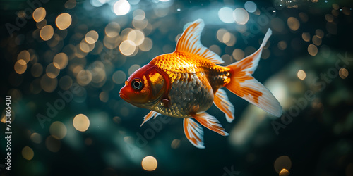 Goldfish swimming in the water, close up view, copy space. Photorealistic nature background with bokeh effect.
