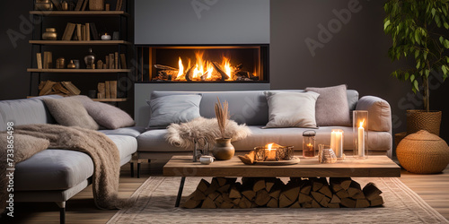 A living room with an artificial fireplace and soft carpets to create comf photo