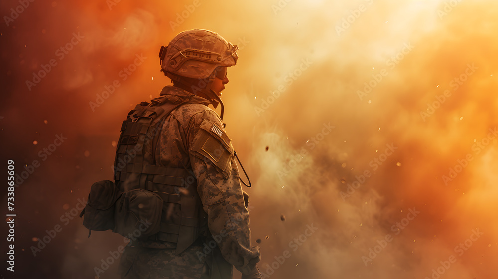 Special operations forces soldier in military ammunition covered with smoke. Concept of defense, war, weapons and protection Special operations forces soldier in military ammunition covered with smoke. Concept of defense, war, weapons and protection