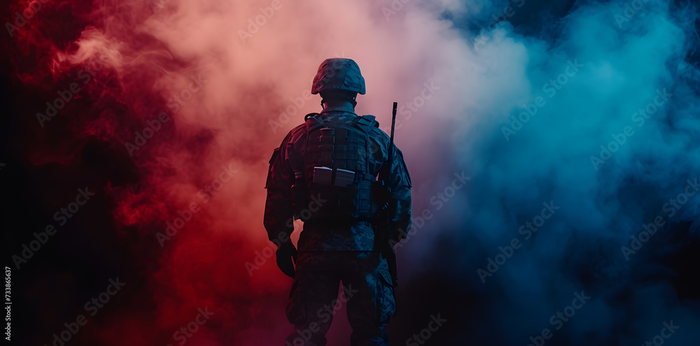 Special operations forces soldier in military ammunition covered with smoke. Concept of defense, war, weapons and protection Special operations forces soldier in military ammunition covered with smoke. Concept of defense, war, weapons and protection