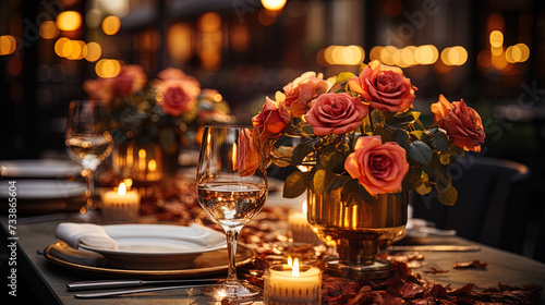 A luxurious view of the table in a cozy restaurant, decorated with candles and flowers, where serv