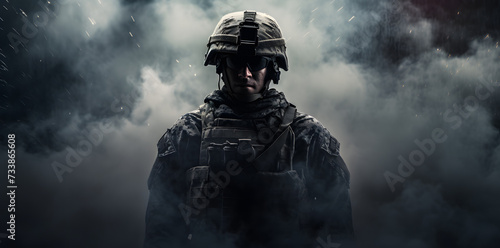 Special operations forces soldier in military ammunition covered with smoke. Concept of defense, war, weapons and protection photo