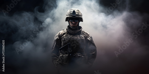 Special operations forces soldier in military ammunition covered with smoke. Concept of defense, war, weapons and protection photo