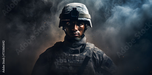 Special operations forces soldier in military ammunition covered with smoke. Concept of defense, war, weapons and protection