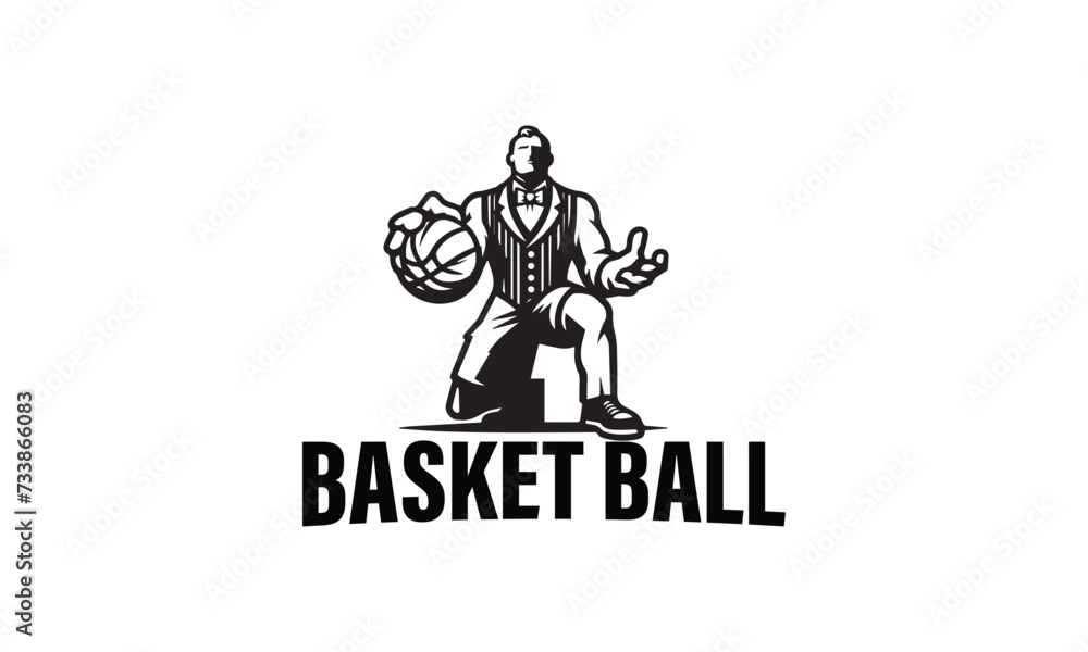 Basketball MASCOT LOGO IN SILHOUETTE STYLE , BLACK AND WHITE Basketball MASCOT LOGO ICON