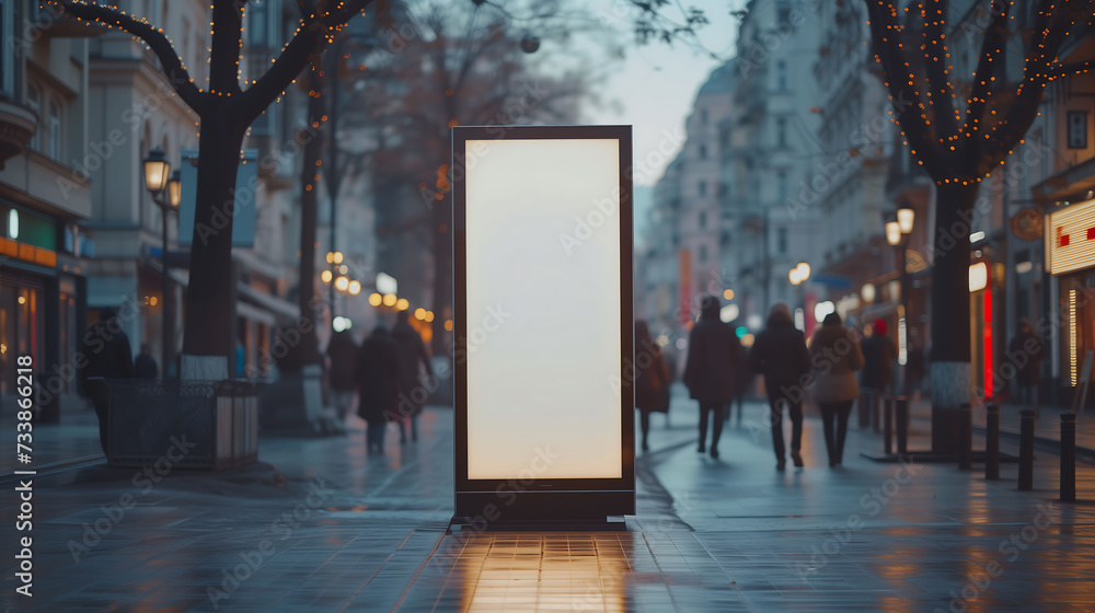 Blank mock up of vertical Billboard on Street at Night , background of a city street in the evening, copy space