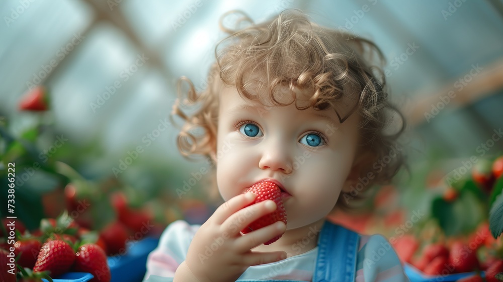A small child of European appearance eats strawberries against the background of a greenhouse with strawberries, a photo for a banner for the sale of strawberries and seedlings. A small child of European appearance eats strawberries against the background of a greenhouse with strawberries, a photo for a banner for the sale of strawberries and seedlings.