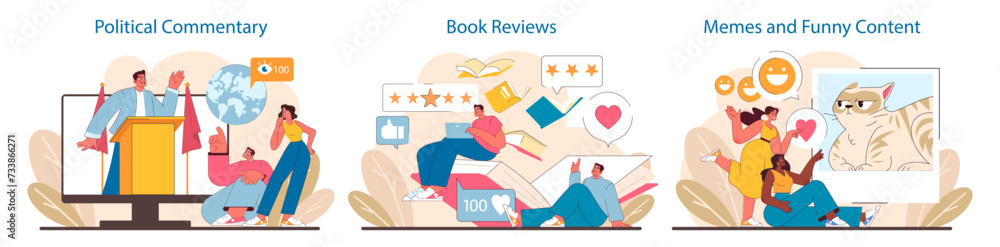 Engaging Social Media Content set. Lively debates, in-depth book reviews, and humorous memes. Digital expressions of opinions, literature, and laughter. Flat vector illustration.