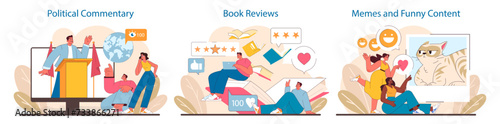 Engaging Social Media Content set. Lively debates, in-depth book reviews, and humorous memes. Digital expressions of opinions, literature, and laughter. Flat vector illustration.