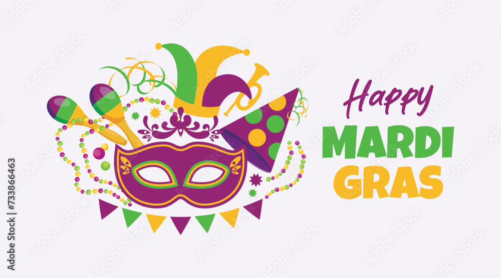 Happy Mardi Gras banner with decorative carnival mask vector illustration. Template for background, banner, card, poster. Mardi Gras festival design element. Party beads, mask, maracas icon set