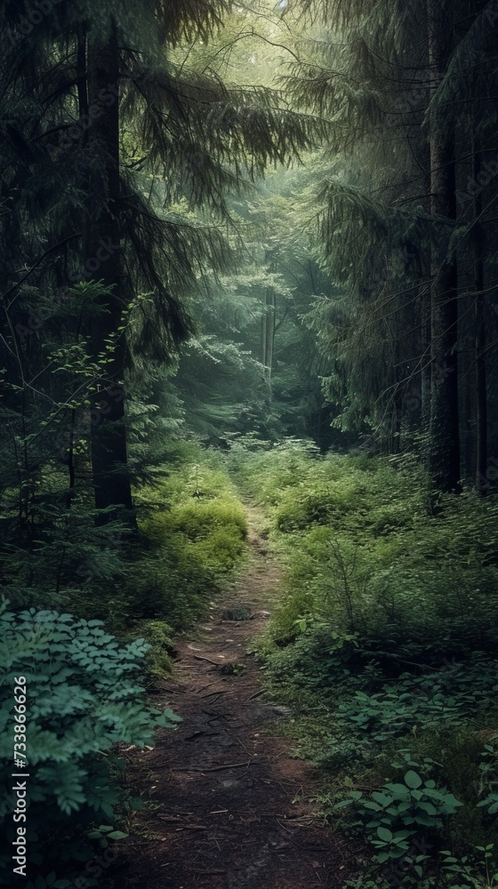 Natural background of a path leading through a dense forest. Can be used as a banner for social media.