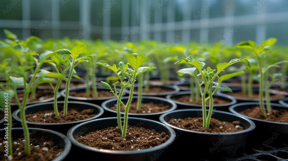 Tomato seedlings in disposable cups in a greenhouse. Sale of seedlings. Tomato seedlings in disposable cups in a greenhouse. Sale of seedlings.