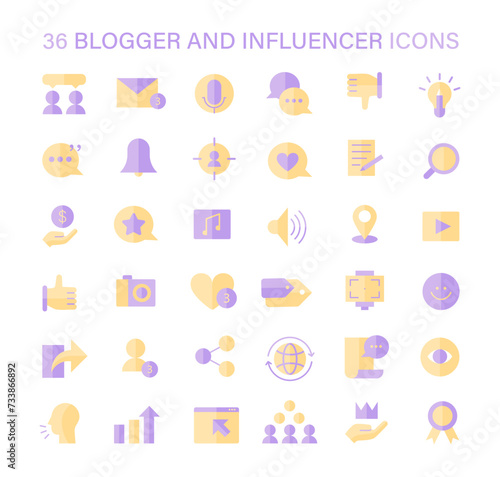 Blogger and Influencer icons set. Versatile icons for content creation, audience engagement, and personal branding. Digital marketing and social media presence tools. Flat vector illustration.