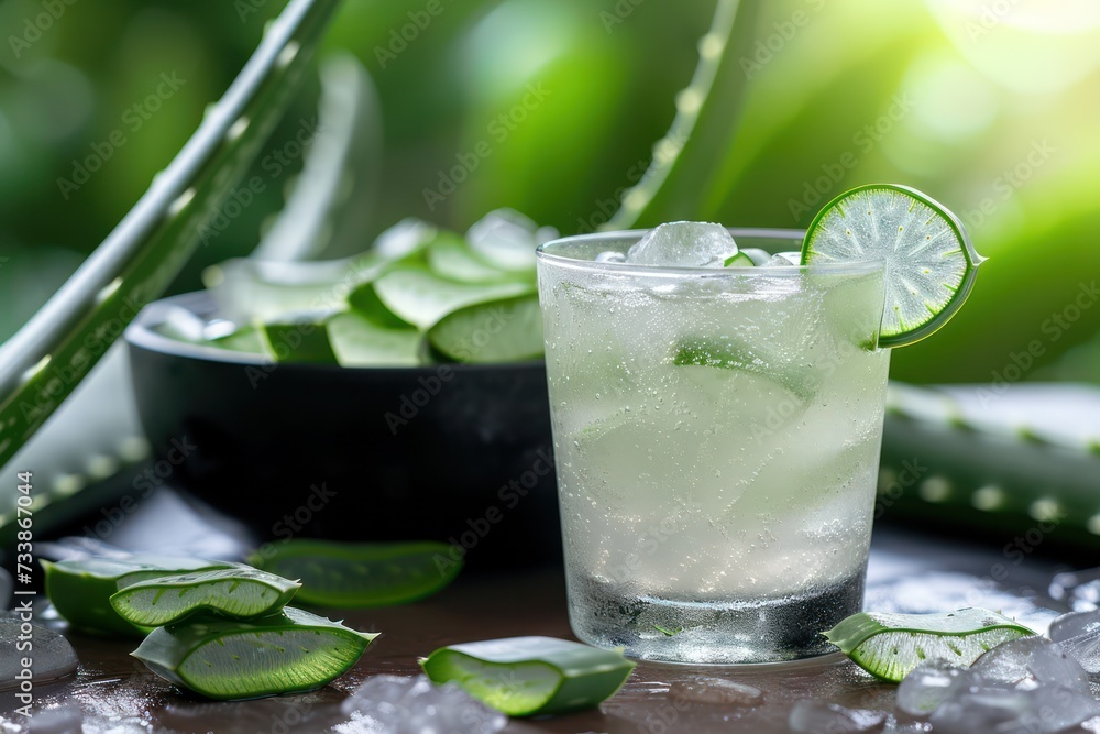 Front view of a drinking glass full of an aloe vera drink surrounded by some aloe vera crystals and sliced leaves. Front view of a drinking glass full of an aloe vera drink surrounded by some aloe vera crystals and sliced leaves.