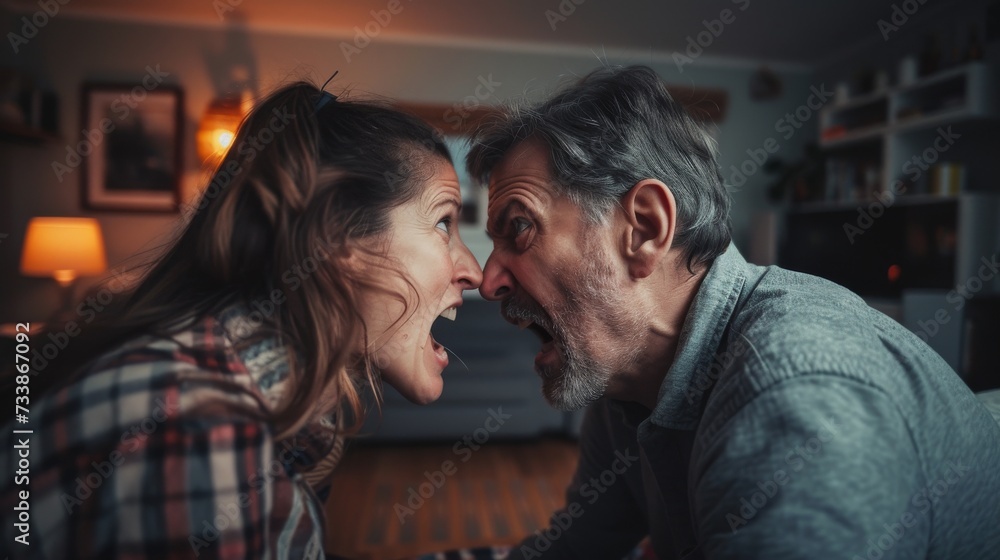 Domestic quarrels and abuse. Man and woman fighting and shouting at each other.
Domestic quarrels and abuse. Man and woman fighting and shouting at each other.